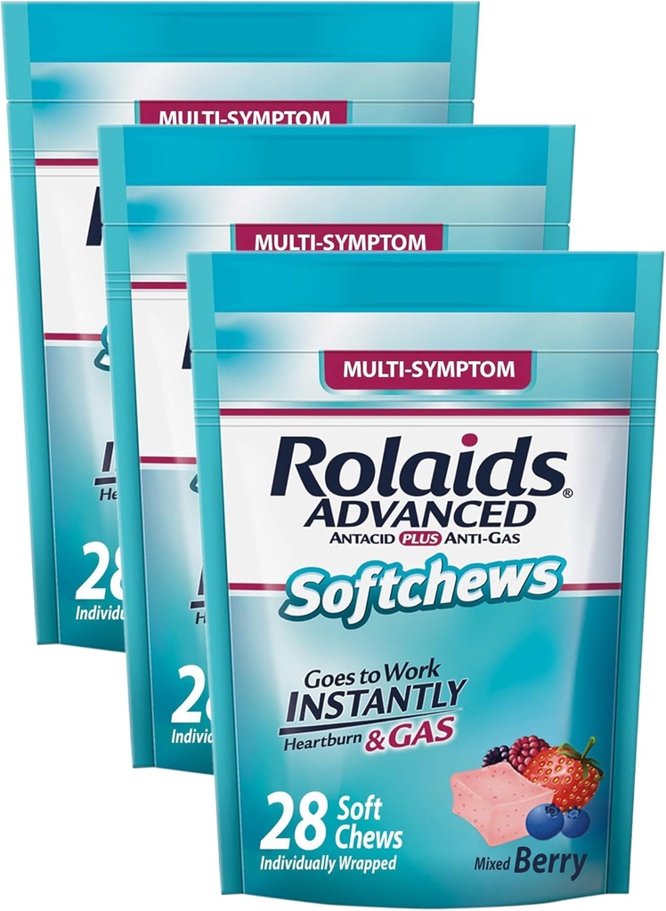 Rolaids Advanced Antacid Plus Anti-Gas Softchews, 28 greve, Blandet Berry, Heartburn og Gass Relief (Pack of 3)