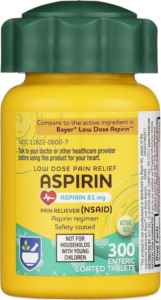 Ritthjelp Aspirin Enteric Tabletter, 81 mg Aspirin - 300 telling, lavdose smertelindring, Aspirin for hodepine relief, Enterisk sikkerhetsbelagte tabletter, Aspirin Regimen, Migrain Medisin, Smertelindring