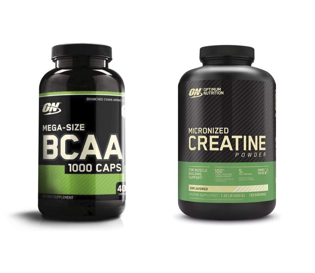 Optimum ernæring Instantized BCAA Capsules, keto vennlig grened kjede essensielle aminosyrer (400 tall) med mikronisert kreatinmonohydrat pulver, ikke-flavorert (120 serveringer) - Bundle Pack