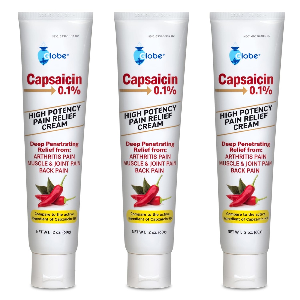 Globe (3 Pack) Capsaicin 0,1% Høy styrke smertelindringskrem, ikke-sentrert (2 oz) dyp penetrerende lindring fra: ledgikt, muskel, ledd- og ryggsmerter