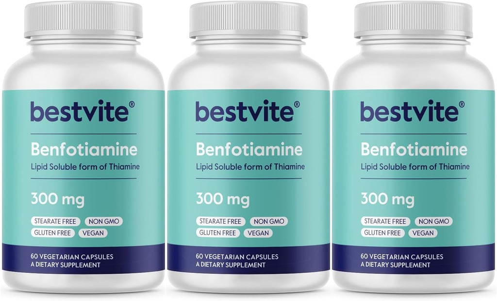 Benfotiamin 300 mg (180 vegetariske kapsler) (60x3) Ingen stearates - Ingen siliciumdioksid - Vegan - Ikke GMO - Glutenfri