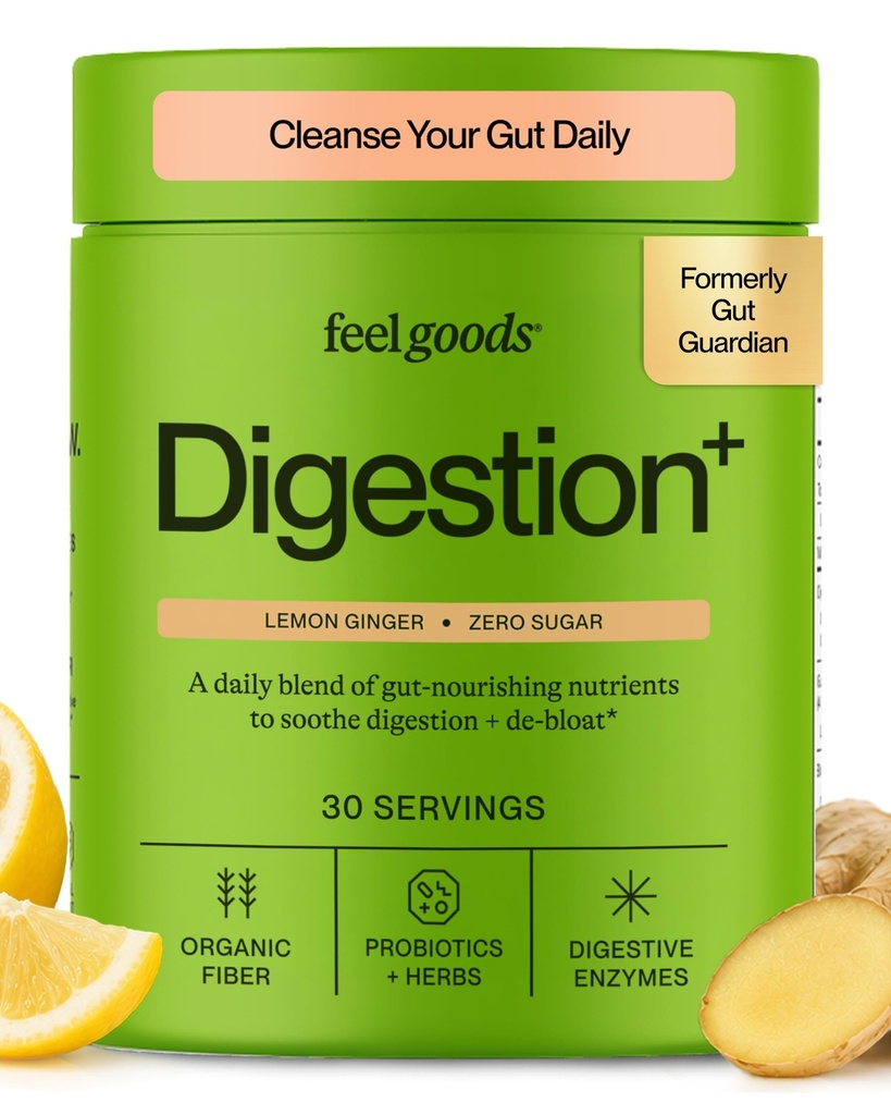 Feel Goods Gut Guardian, Organisk fiber, Probiotiske og prebiotiske pulver, sukkerfri, urter for Bloat, Gut helse støtte, Digestiv helse for menn og kvinner, Ikke GMO, Vegan, Lemon Ginger, 30 Services