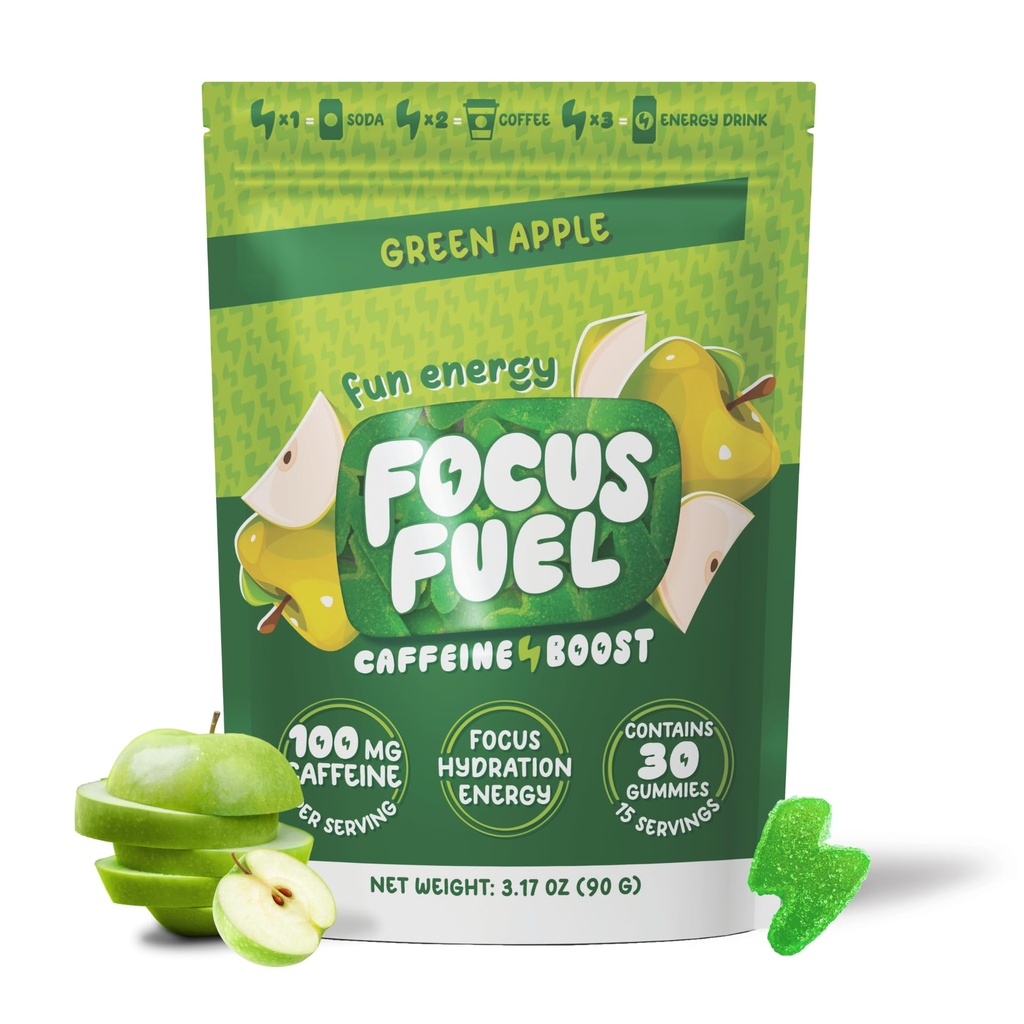FocusFuel Energy Chews – Grønn Apple Flavor (15 Services) – 100mg Koffein + B12, Magnesium, Alpha GPC – Økt fokus og energi – Ingen krasj eller Jitters