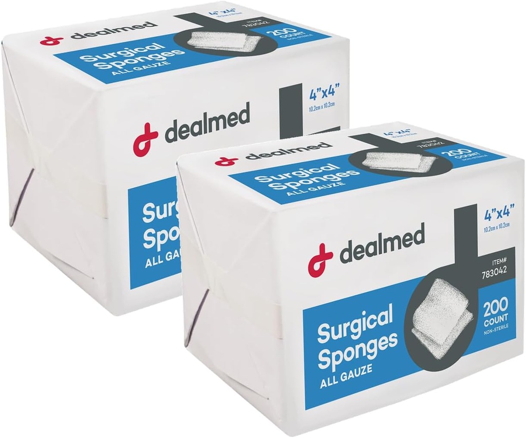 Dealmed 4" x 4" Kirurgiske sponger, 8-Ply, ikke-woven absorbent Gauze sponger for sårpleie, førstehjelpssett og medisinske fasiliteter, 200 greve (pakke med 2)