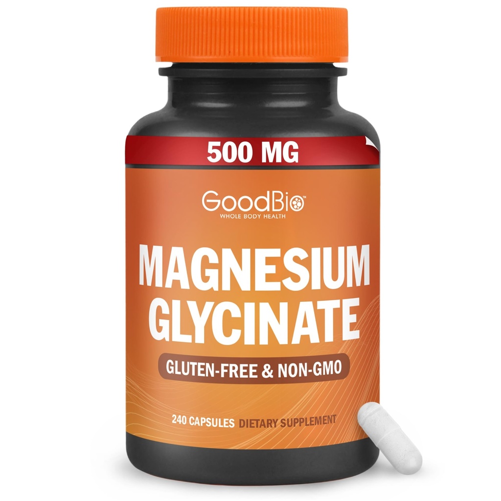 Magnesium Glykinat - høy absorpsjon Magnesium Supplement 500 mg Per servering for stress lindring, søvn, hjerte og bein helse, Nerve støtte - Ikke-GMO, Glutenfri, Gentle on Mage, 240 kapsler