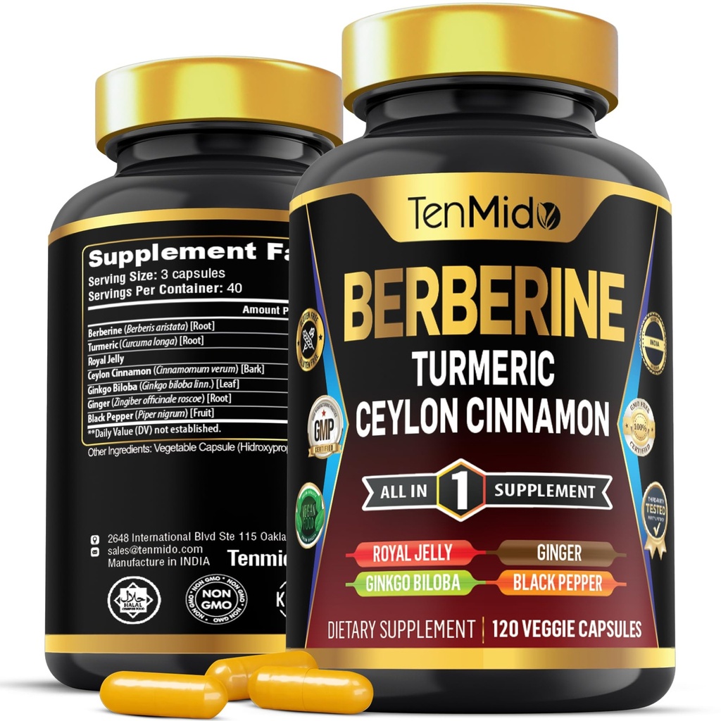 Berberine Supplement - 7in1 Formula - Kombiner med turmerisk, Royal Jelly, Ceylon Cinnamon, Ginkgo Biloba, Ginger & Black Pepper - Digestiv helse, immunstøtte - 120 Kapsler