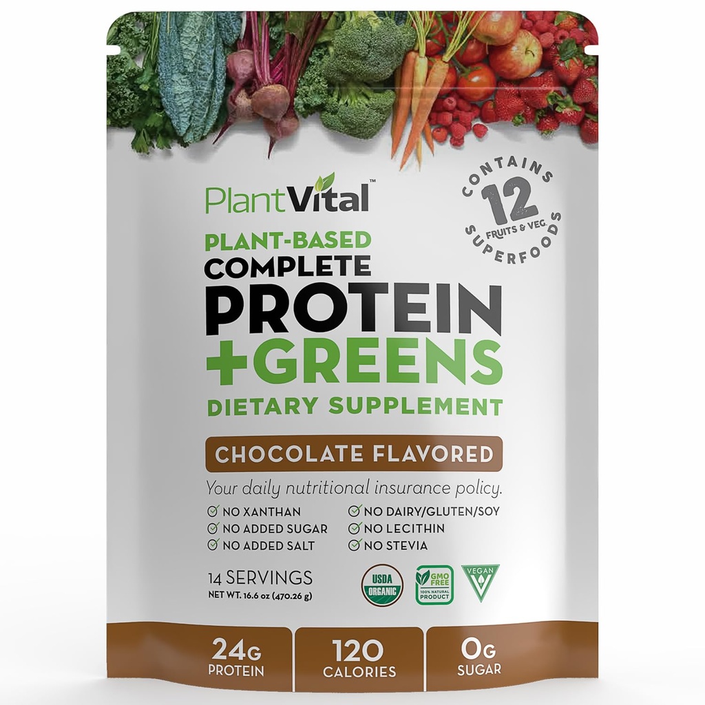 Plantvital Vegansk Protein Powder Plante Basert, Organisk Protein pulver Sjokolade 24g/0g Sukker, 12 Superfoods, Veggies, Probiotika, Raw Cocoa, Kale, Beets, Spirulina, Pea, Glutenfri, Keto-friendly,16oz