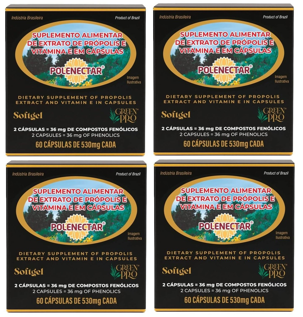 4 bokser av Polenectar Brasil Grønn Bee Propolis 300 Milligram (60 Softgels)