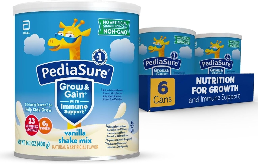 PediaSure Grow & Gain med immunstøtte Shake Mix Powder, 23 vitaminer og mineraler, 6g Protein, Ikke-GMO, Glutenfri, Kids Nutrition, Vanilla, 14,1 oz Can, Pakke med 6-48 porsjoner