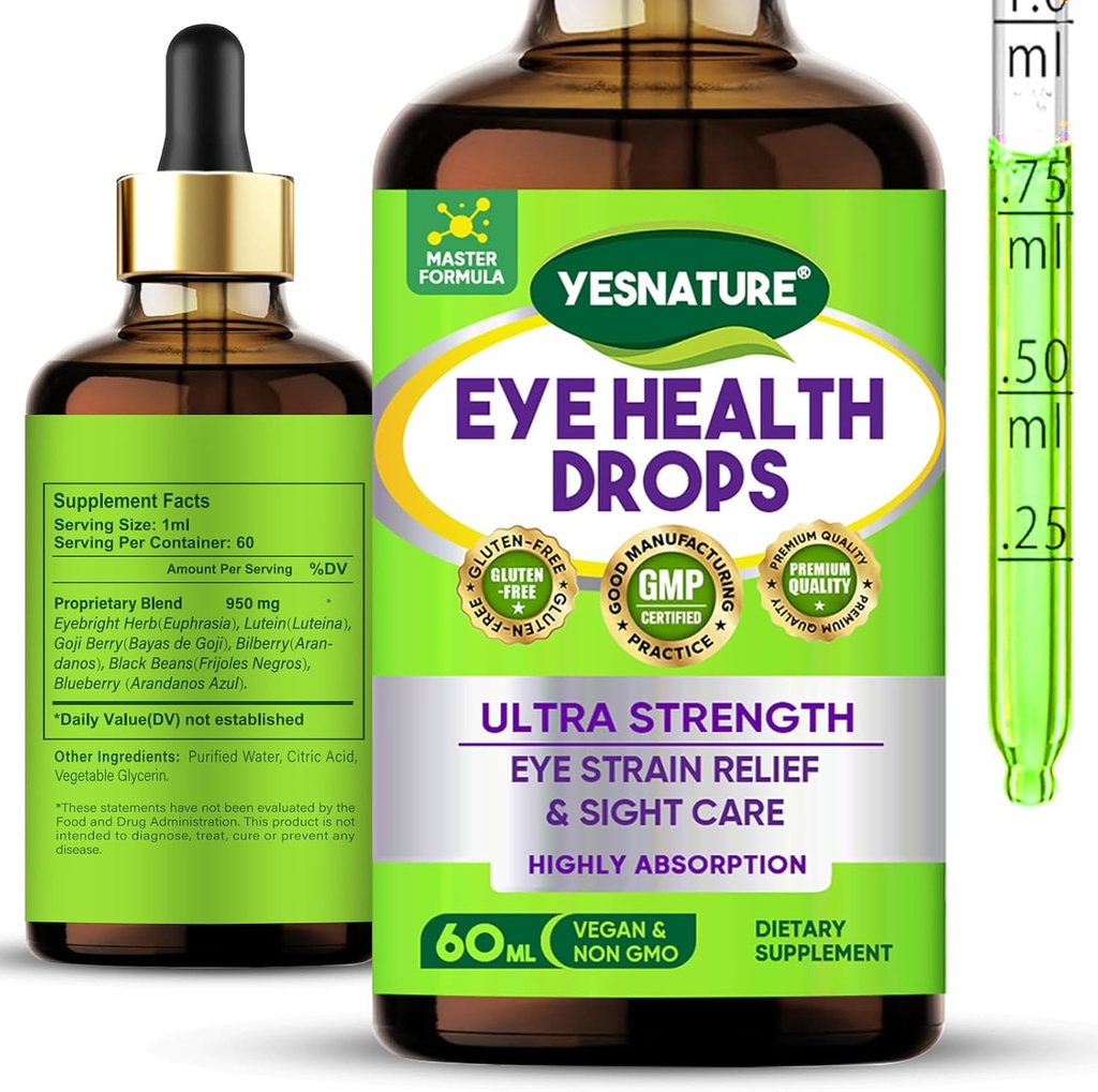 YESNATURE Eyebright Herb øye helse drops for øyet Strain Relief & Sight Care, Ultra Styrke Eye Helse Supplement