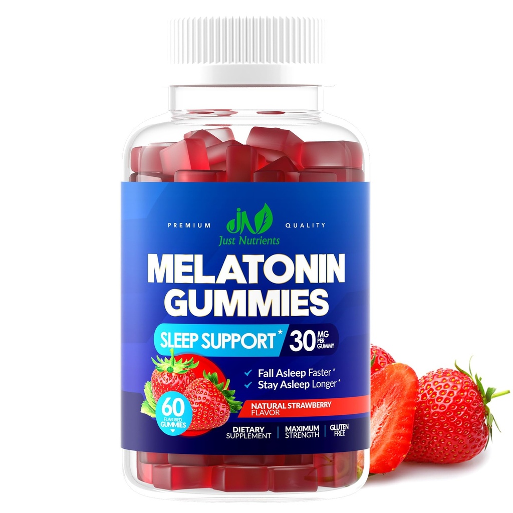 Melatonin 30mg Gummier for voksne (60 serveringer) - Maks styrke sovestøtte med 30 mg Melatonin Per Gummy - Glutenfri, sukker-fri, ikke-GMO, 100% vegetarian, Jordbær Flavor - 60 Gummies