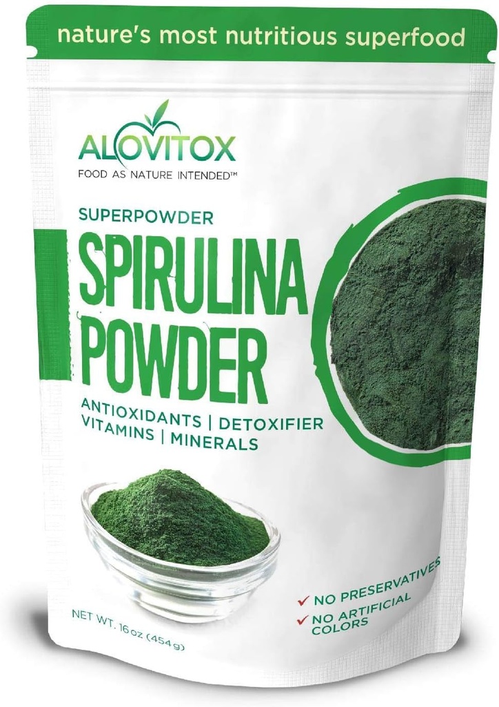 Alovitox Organic Spirulina Powder ® Nærende Sense Supermat med antioksidanter, proteiner, vitamin A og B, Fiber, Omega 3, 6 og 9-100% organiske, Ingen additiver/farger, Glutenfri, Vegansk, Ikke-GMO (1 lb)
