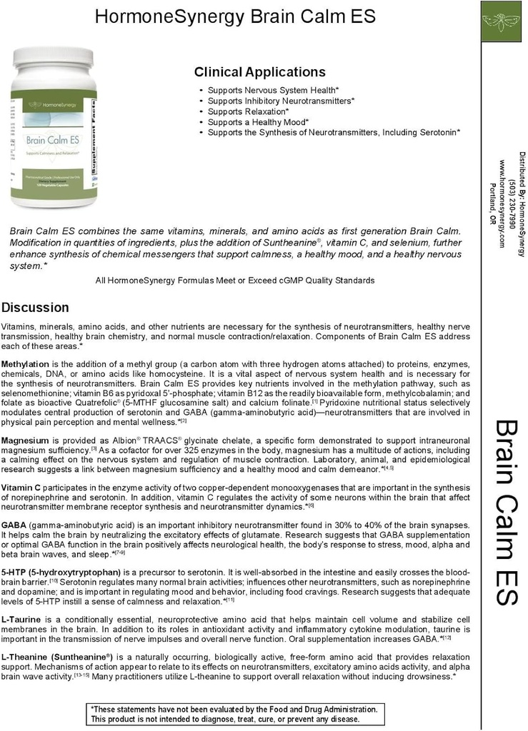 HormonSynergy RetzlerRx® Brain Calm ES - Ultimate Support for Calmness & Relaxation - L-Theanine (Sunteanine®) - TRAACS® Albion® Cheladed Minerals - GABA - 5-HTP - L-Taurin - 120 V-Caps