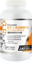 Vitamin D3 10.000 IU K2/MK7 100 mhg. høy styrke Supplement 8 måneders forsyning. Ikke-GMO for bein, hjerte og immunstøtte.