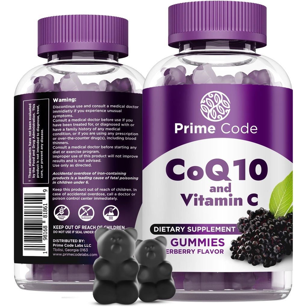 Prime Code CoQ10 Gummies 200 mg med vitamin C – Coenzym Q10 Antioksidant Supplement for cellulær energi støtte – lett å ta Vegan Gummier for voksne – 60 teller