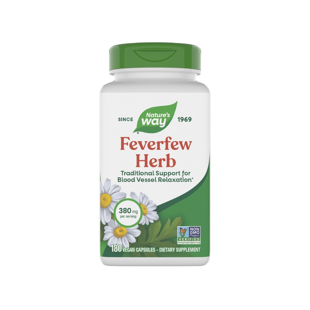 Naturens måte Feverfew Urt, Tradisjonell støtte for avslapping av blodfartøy*, 380 mg per servering, ikke-GMO-prosjekt verifisert, 180 Vegan Feverfeberkapsler (pakke mai Vary)