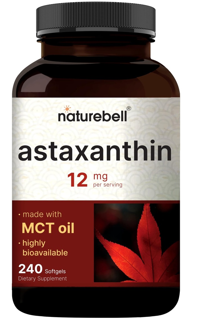 NatureBell Maks styrke Astaxanthin 12mg, 240 Softgels - 4 måneders forsyning - Naturlig antioksidant fra Haematococcus Pluvialis Microalgae
