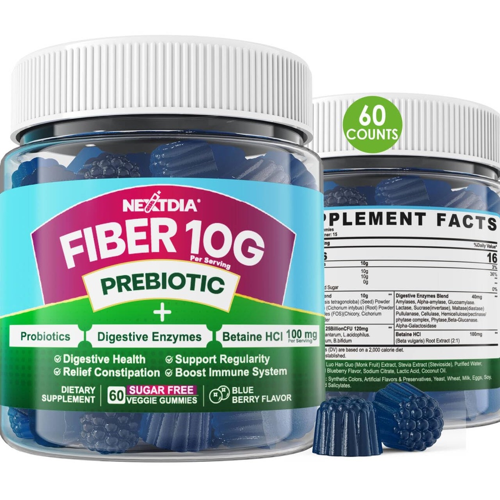 Fiber Gummies for voksne, sukker gratis 10g Prebiotiske Fiber Supplement med Digestive Enzymer, Probiotika og 100mg Betain for Digestive & Gut Helse og Regulere Bowel bevegelse, Vegan, Gelatin gratis, 60ct