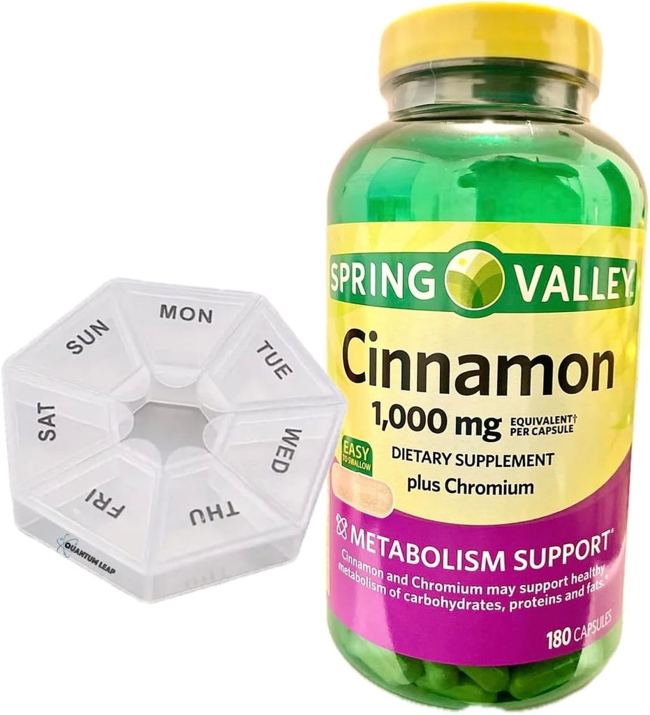 Ukent pilleorganisator, inneholder en Spring Valley kanel 1000 mg, kosttilskudd, 180 kapsler.