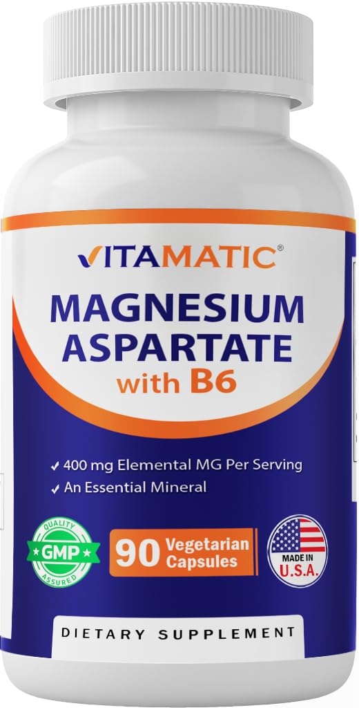 Vitamatisk magnesium Aspartat 400mg per servering - 90 vegetariske kapsler - Lagt til B6 for maksimal absorpsjon - støtter muskler, ledd og hjerte helse *