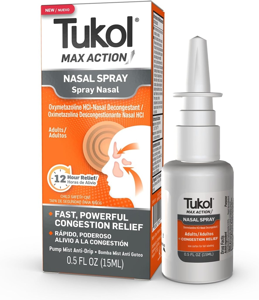 TUKOL Max Action Nasal Spray, Oxymetazoline Nasal Decongestant Spray for voksne, Fast Stuffy Nese & Sinus Congestion Relief, 12-Hour Nese Spray Decongestant, 0,5 fl oz