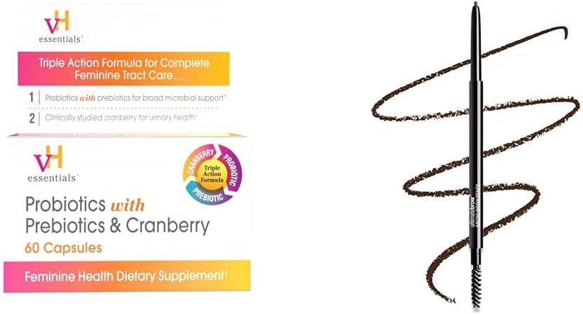 vH essensials Probiotika med prebiotika og Cranberry Feminine Helse Supplement 60 kapsler og våt n wild Ultimate Brow Micro Eyebrow Retractable Pencil Dark Brown Ultra Fine 1,5mm Tips