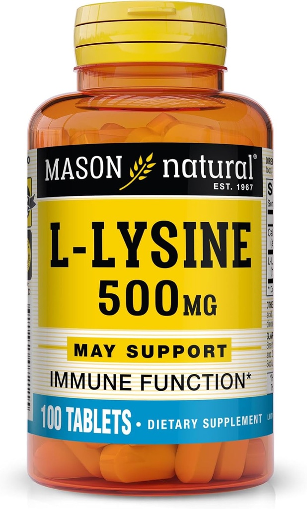 MASON NATURAL L-Lysine 500 mg med kalsium - Forbedret immunfunksjon, forbedret næringsstoffer absorpsjon, essensiell aminosyre, 100 tabletter