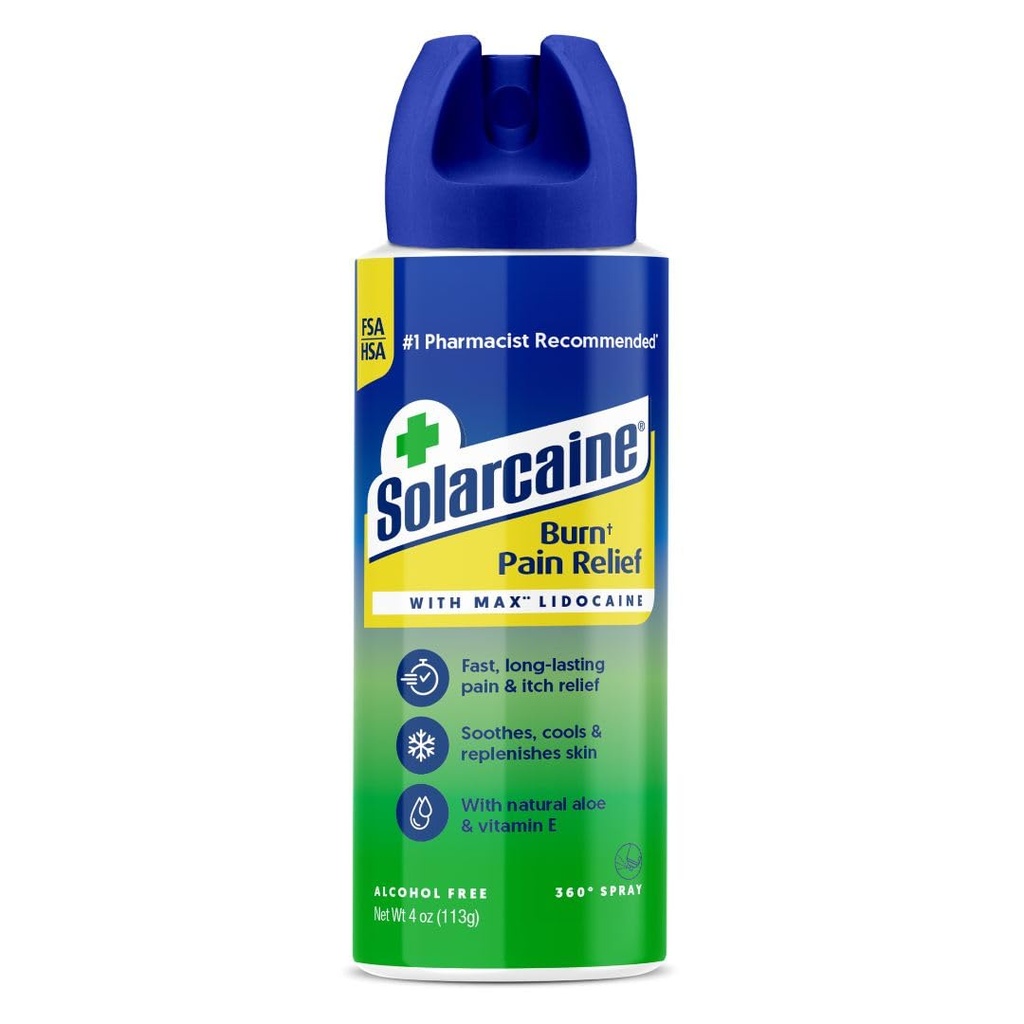 Solarcaine Aloe Sunburn Relief Spray med 4% Lidocain - Etter solpleie Relief for Burner, Scrapes & Itch - Aloe Spray til Soothe, Kul og Replenish Skin - 4oz