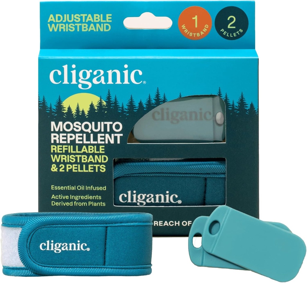 Cliganic Mosquito Repellent Pack (Wristband + 2 Refill Pellets) - Justerbar, naturlig DEET-fri, essensiell olje infusert