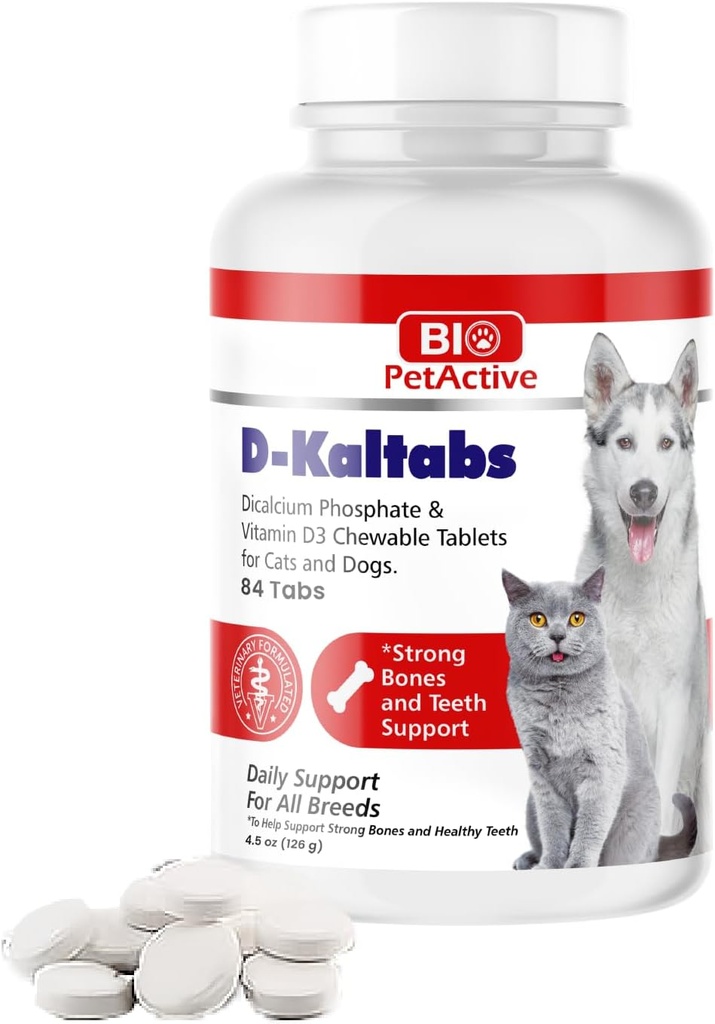 D-Kaltabs Fosfor, Kalsium vitamin D3 Supplement for hunder og katter, Prenatal Kjæledyr vitaminer, Daglige Kjæledyr-Tabs, Sterk negle, Tandstøtte, 84 Chewable Tabletter