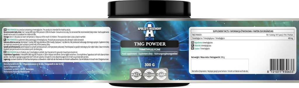 APOLLO'S HEGEMONY TMG Powder 300g - Betain - 2000mg Trimetylglycin per servering - 150 serveringer per pakke - Ingen tilsetningsstoffer - Branched Chain Aminosyrer - Metabolite Support