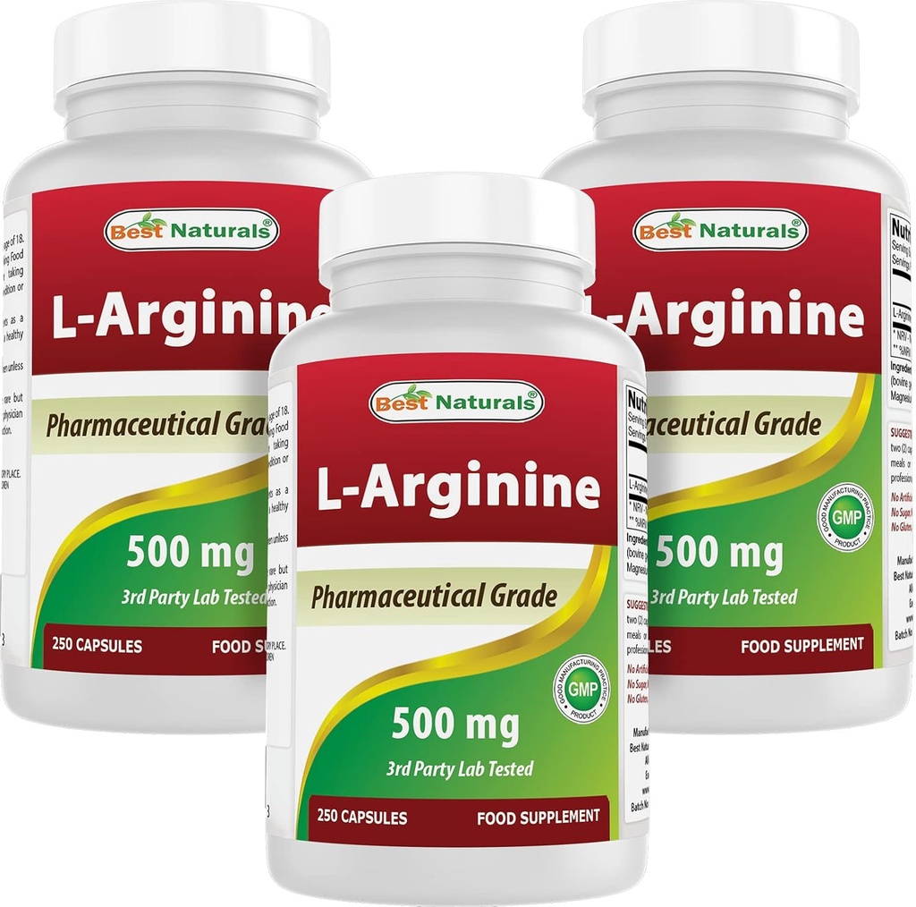 Beste Naturals L-Arginine 500 mg 250 kapsler (250 telling (pakke på 3))