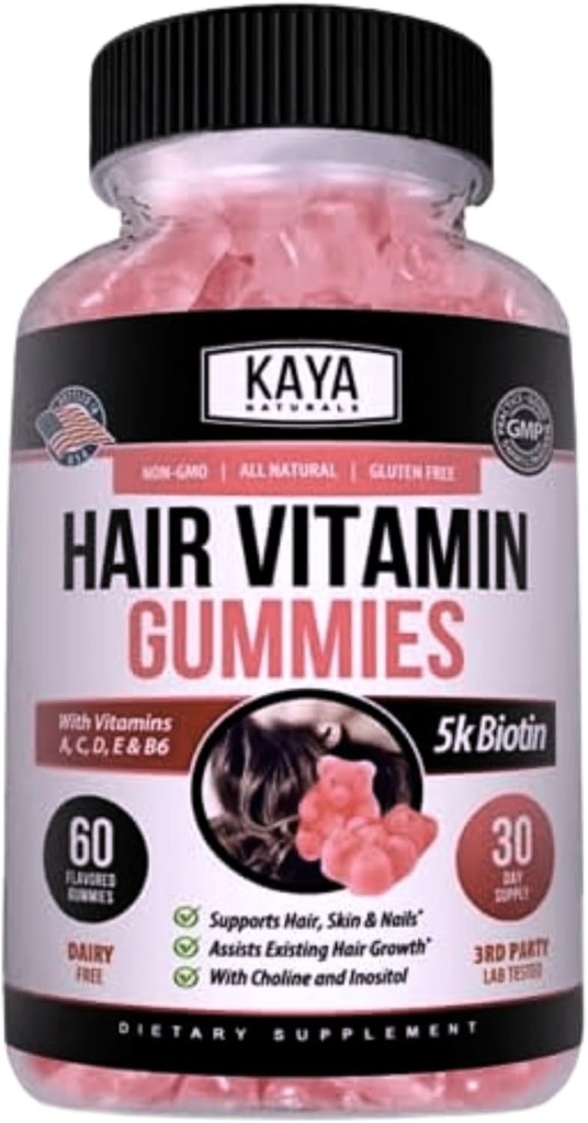 Kaya Naturals Hårvekst Gummies - Biotin 5000mcg Vitaminer for sunnt hår, hud og negler - Skjønnhetstilskudd for kvinner eller menn - 60 Count - Blåbær Flavor