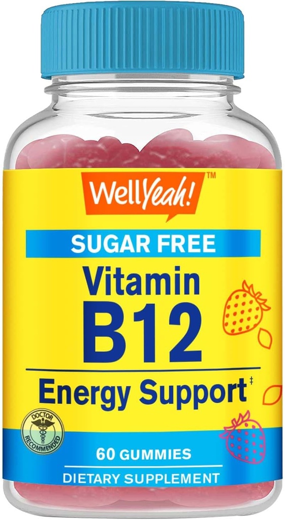 WellYeah Vitamin B12 1000mcg Sukker Free Gummies | Diett Supplement | For Energi og Metabolisme Støtte | Jordbær Flavor | 60 Count