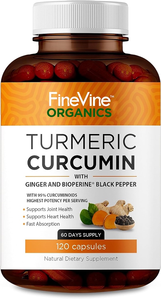 Turmeric Curcumin med BioPerine Black Pepper og Ginger - laget i USA - 120 vegetariske kapsler for avansert absorpsjon, Joints Support