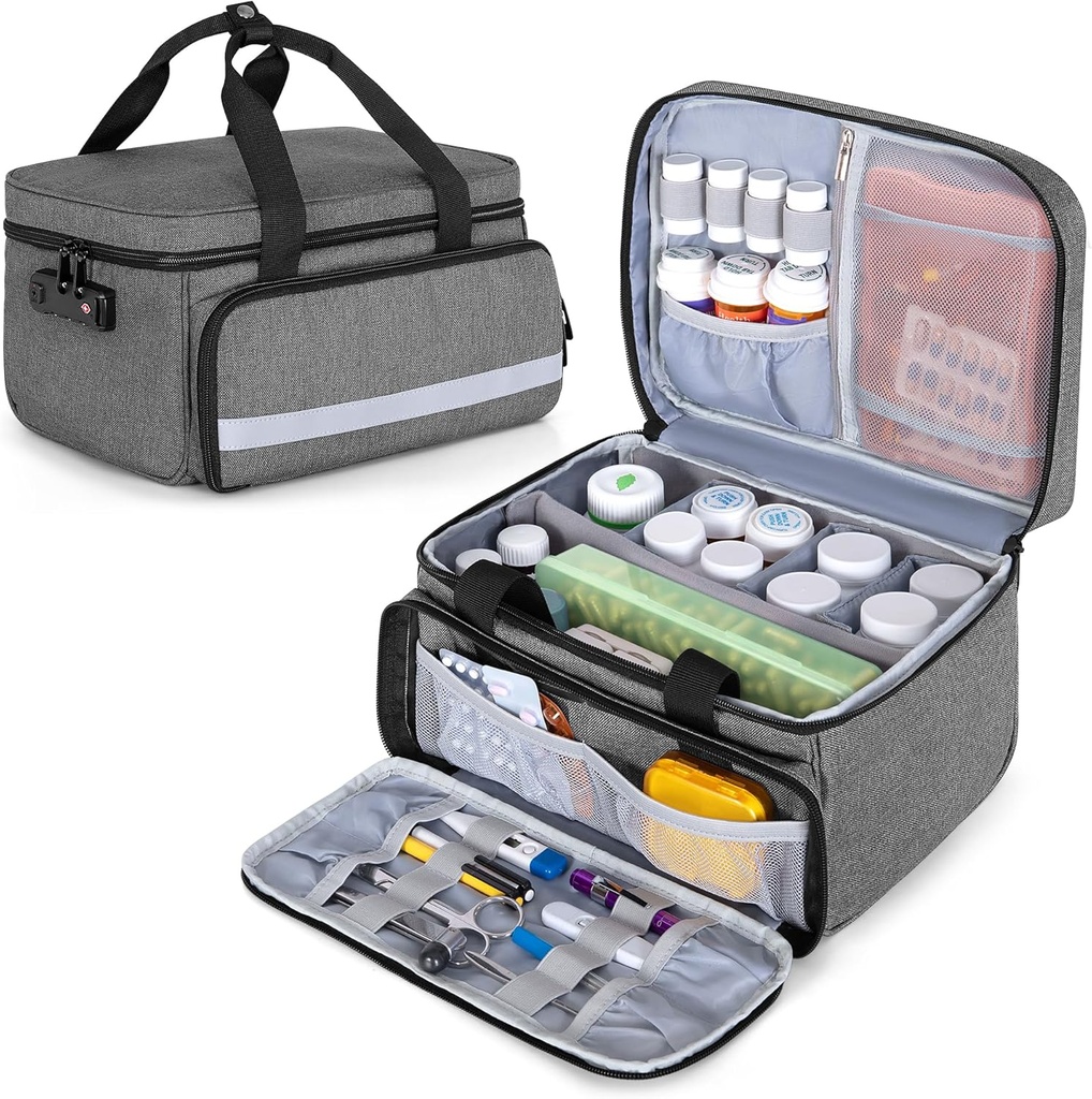 CURMIO Pill Flaske Organizer Oppbevaring, Medisinering Lock Box for Pill Organizer og medisinske forsyninger, Grå (patent Design)