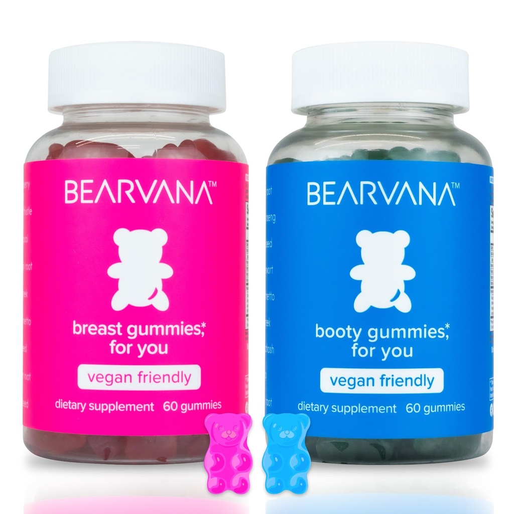 Bearvana Top & Peach Støtte Combo Pack Gummies for kvinner ® 9 Herbal ekstrakter inkludert Fenugreek, Maca & Fennel ® essensielle vitaminer ® Berry Flavor ® 2-Pack (120 Gummies)