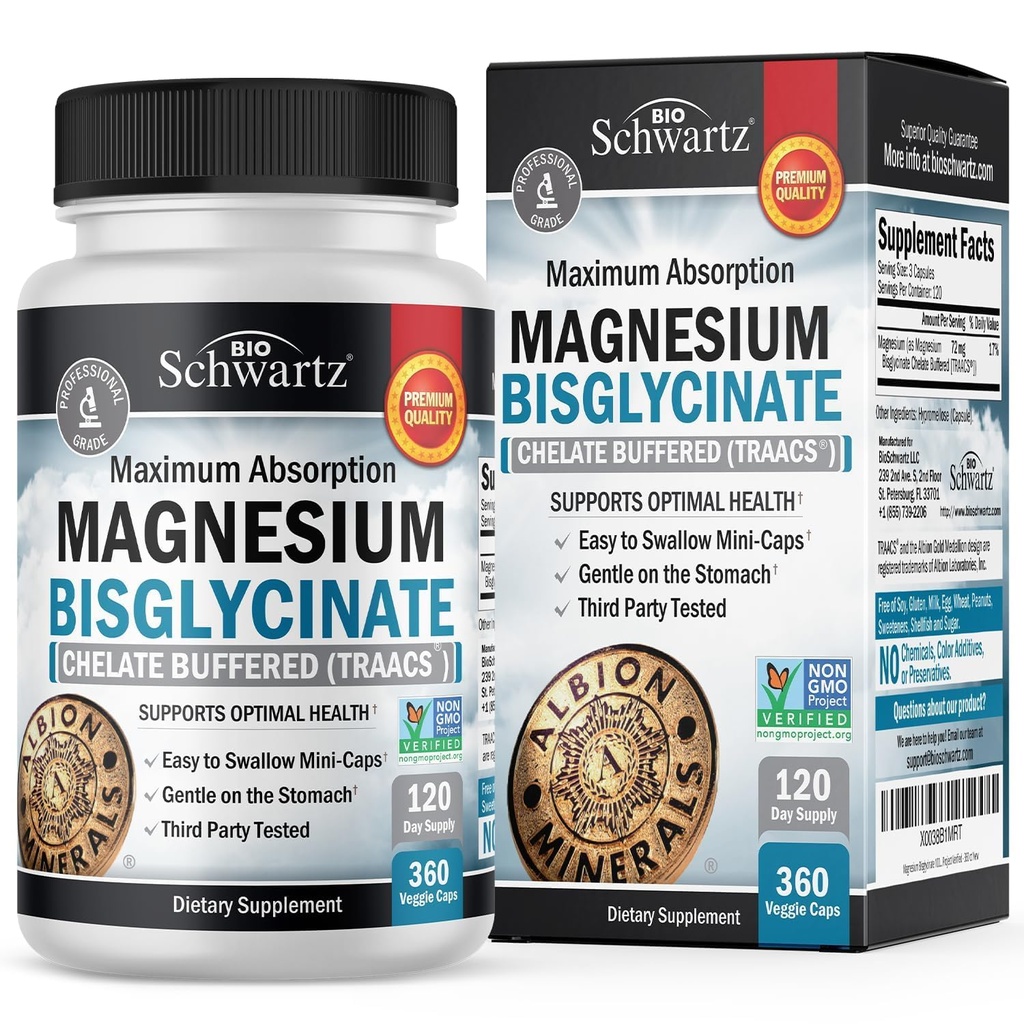 Magnesium Bisglycinate Chelated Supplement - høy absorpsjon Magnesium Supplement for muskel, bein og felles støtte, ikke-laksativ, full bufferet, ikke-GMO, maksimal biotilgjengelighet - 360 kapsler