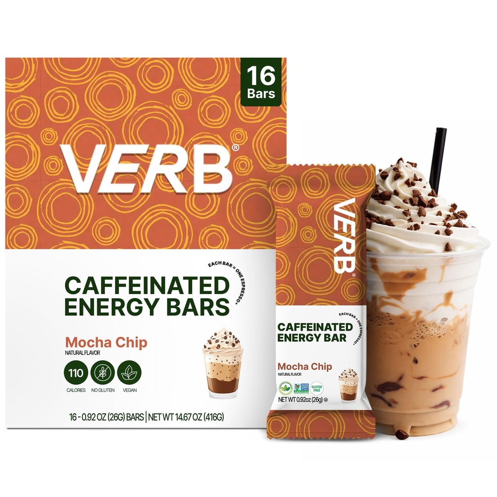 Verb Caffeinated Energy Bars Mocha Chip (26g, Pakke med 16) 110-Calorie Delicious Lav Sugar Energy Bar - Vegansk Glutenfri On-the Go Snack med 80mg Grønn Te Koffein, Bare Real-Food ingredienser