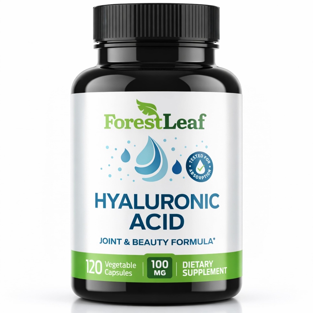 ForestLeaf Hyaluronsyre Supplements ® 100mg Høy Biotilgjengelig Diett Hyaluronsyre pulver kapsler + 50mg VIT C | støtter huden Hydrasjon, Felles smøring, anti-aldring, hår og negler ® 120 Caps