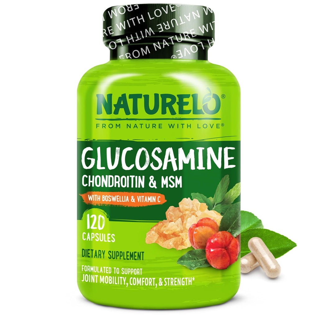 NATURELO Glukosamine Chondroitin MSM med Boswellia og vitamin C - Supplement for felles komfort, mobilitet og styrke - 120 kapsler