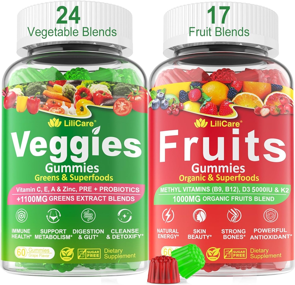 Sukkerfri frukt og grønnsaker Gummies m/D3K2, B9, B12, Magnesium, 41+ Naturlig Superfood Frukter og grønnsaker Supplement for Digestiv og Gut Støtte, Energi, Næringsbalanse, Antioksidant Ikke-GMO 2pack