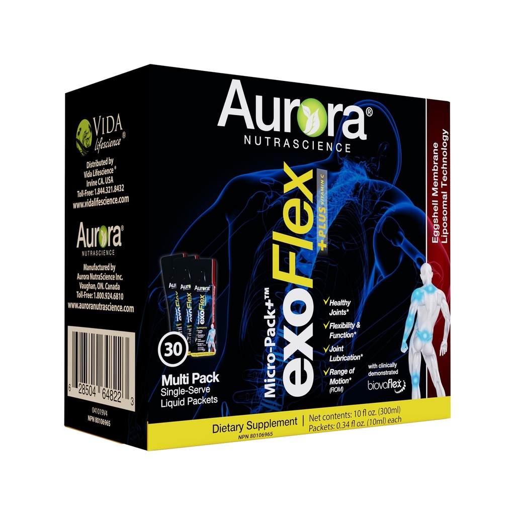 Aurora Nutrascience Micro-Pack Liposomal exoFlex+ med vitamin C, støtter felles fleksibilitet og funksjon, BiovaFlex Eggshell Membrane, Curcumin & Boswellia, Strwaberry Flavor, 30 Single-Serve Packets