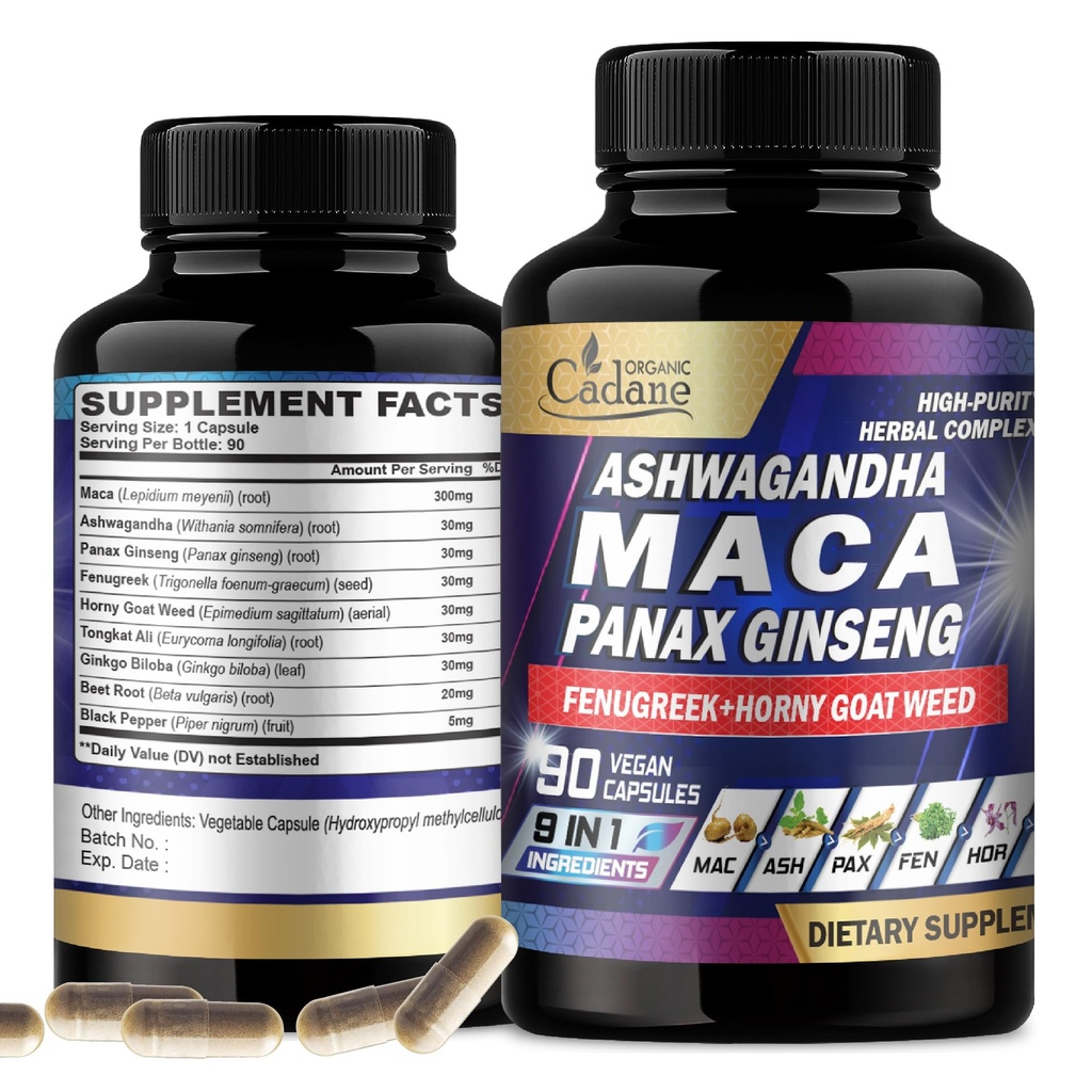 Organic Cadane Maca Root, Ashwagandha, Panax Ginseng Supplement - 90 kapsler 3 måneder med Fenugreek, Tongkat Ali & mer - Støtte Energiproduksjon og immunitet