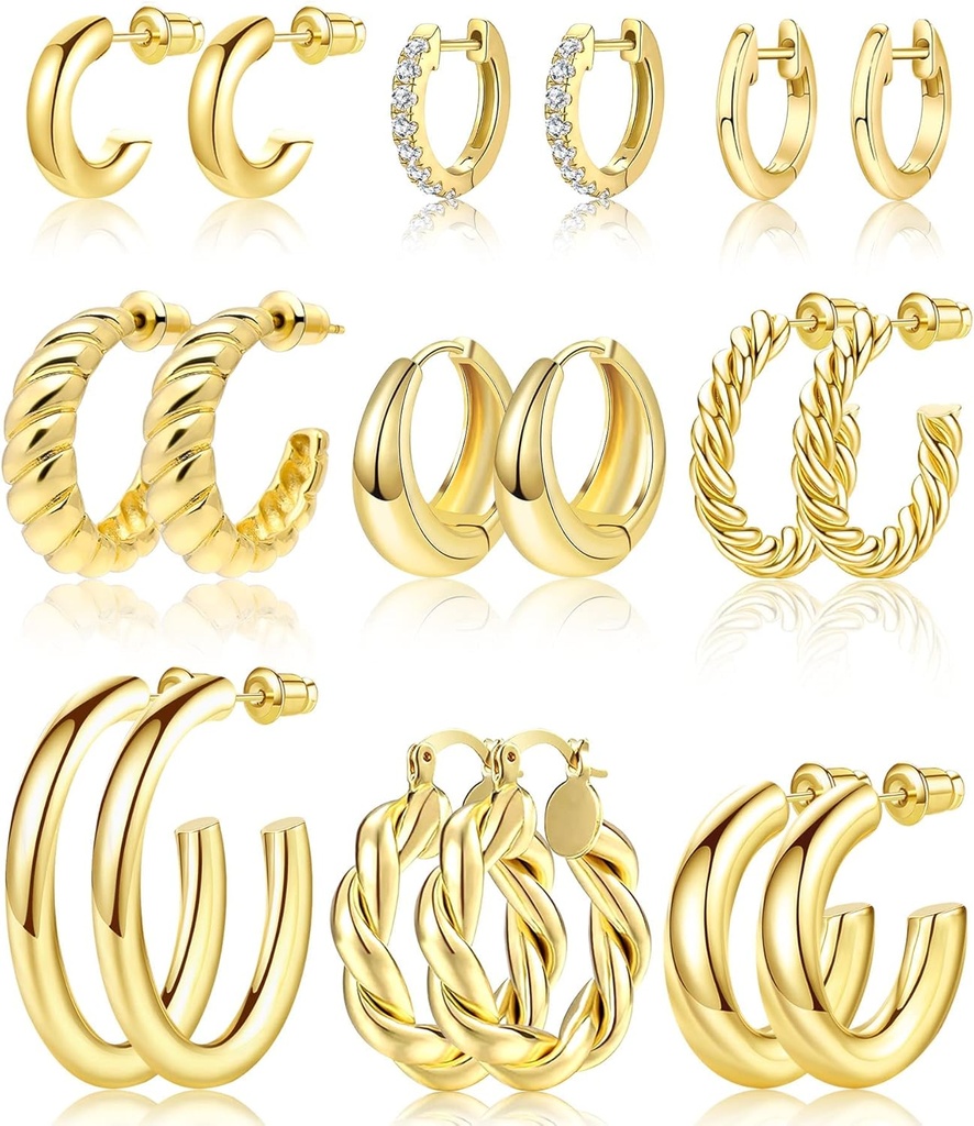 Adoyi 9 par gull Hoop øredobber sett for kvinner Twisted Huggie Hoops øredobber 14K 18K gull belagt for jenter Valentinsdag mors bursdag gaver lett