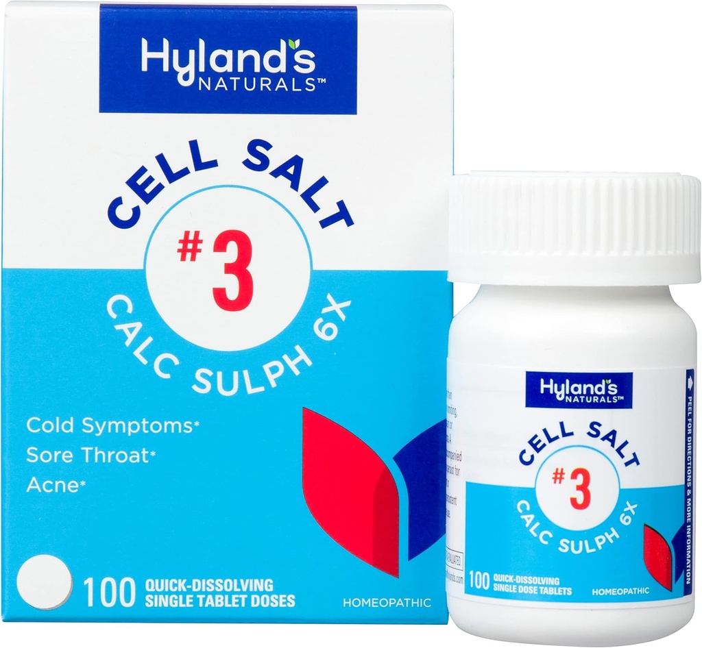 Hylands celle salt nr. 3 Calc Sulph 6X tabletter, kald relief, naturlig homeopatisk relief av forkjølelse, Sore Throat, Acne, rask oppløsning tabletter, 100 greve