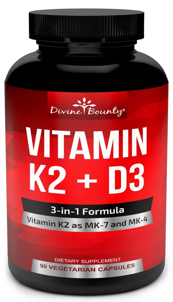 Vitamin K2 (MK7 & MK4) med D3 Supplement - vitamin K & D som MK-7 100mcg, MK-4 500mcg, og 5000 IU vitamin D3 3-i-1 Formula - Bein og hjerte støtte - 90 Ikke-GMO Vegetariske kapsler
