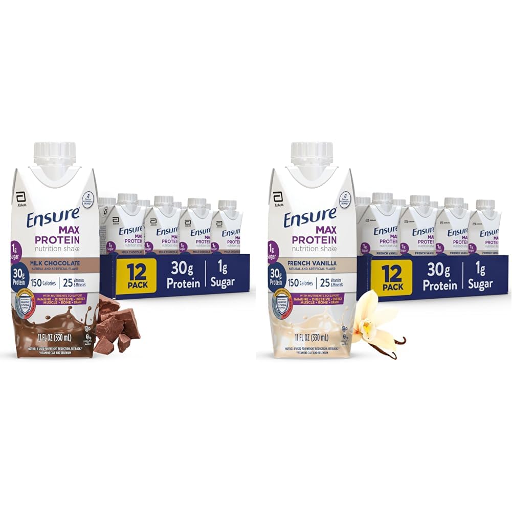 Sikre Max Protein Melk Sjokolade & Fransk Vanilla Ernæringshakes, 30g Protein, 150 kalorier, 12 Pack Bundle