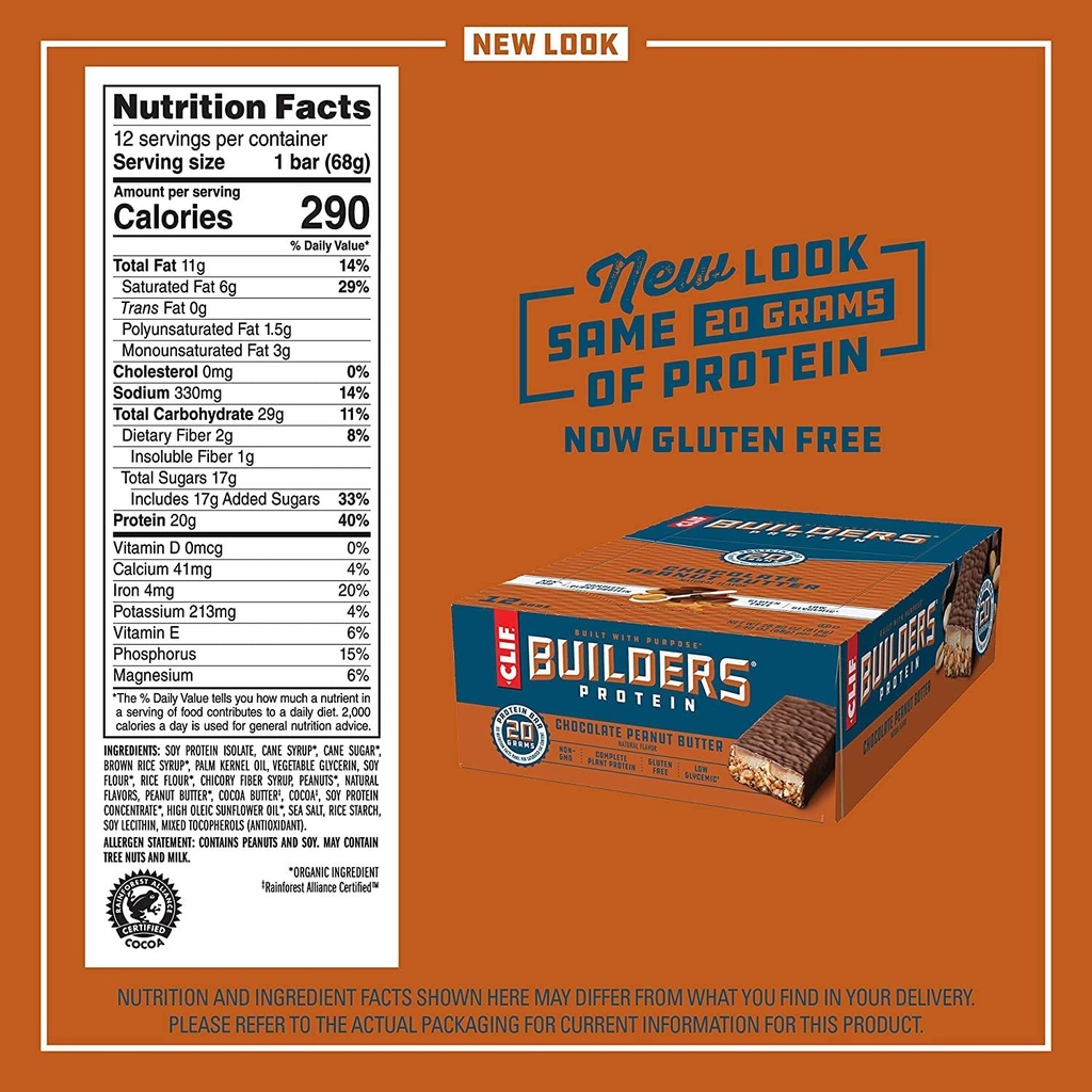 CLIF BUILDERS - Protein Bars - Sjokolade Peanut Butter Flavor - 20g Protein (2.4 Ounce, 12 Count) (nå Glutenfri)