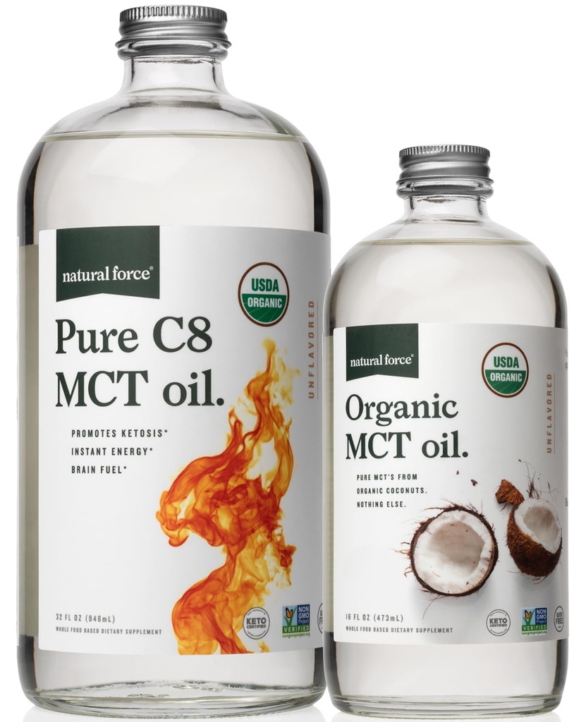 Naturkraft organisk ren C8 + organisk fullspektrum MCT Olje – USDA Økologisk, Ikke GMO, 100% ren kokosnøtt M Keto, Paleo, Vegansk og Kosher – 32 Oz & 16 Oz glassflasker